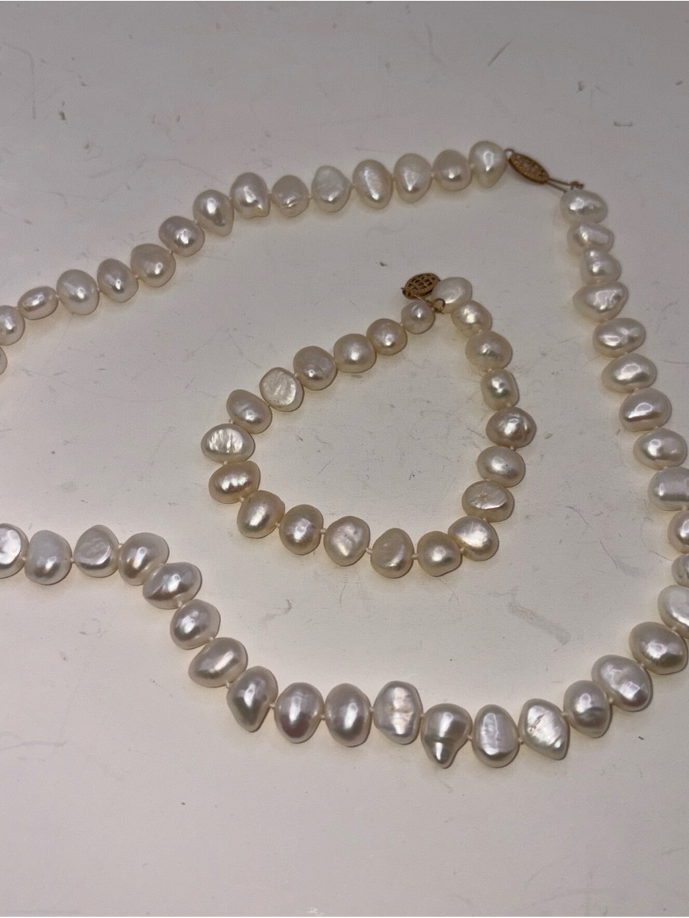 Vintage 14K Gold Fish Clasp JCM Cultured Freshwater Pearl NECKLACE & BRACELET